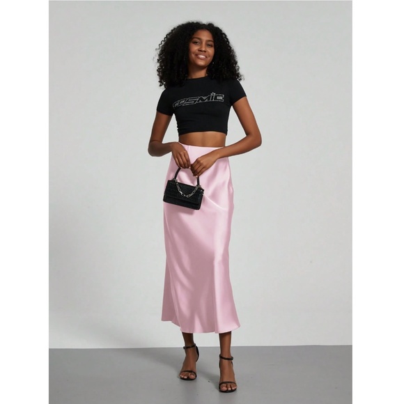 Pink Satin A-Line Skirt High Waisted Long - Picture 5 of 10